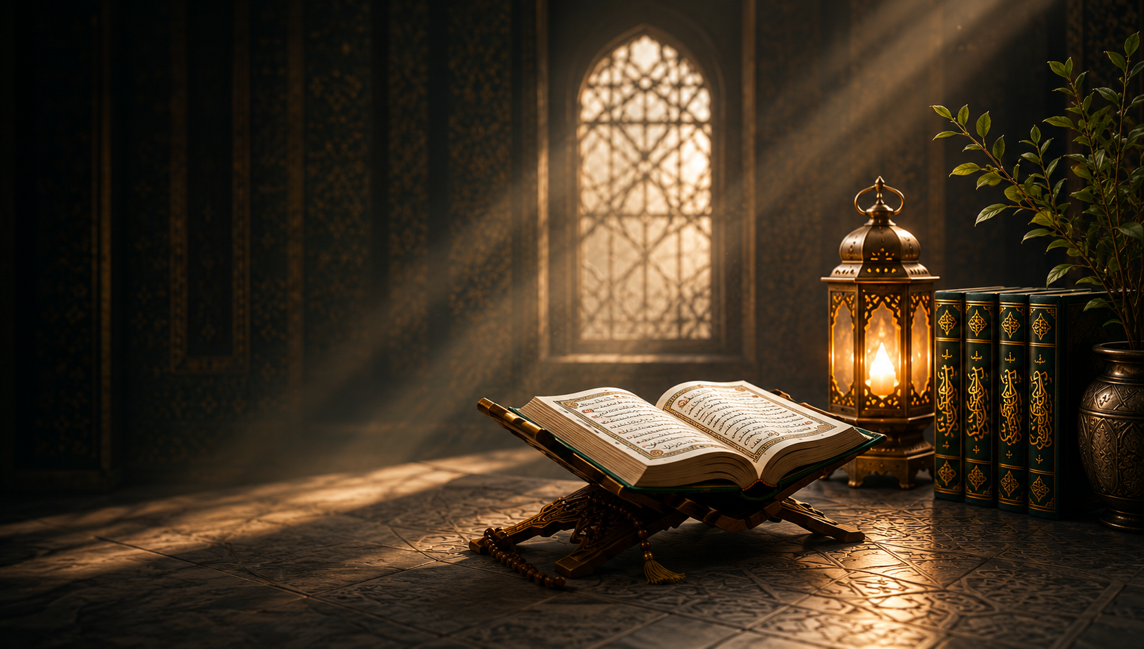Open Qur'an on a wooden rehal beside a lit lantern and Islamic books