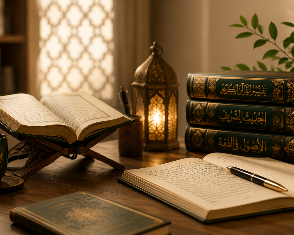 Islamic books, a Qur'an stand and lantern on a study desk